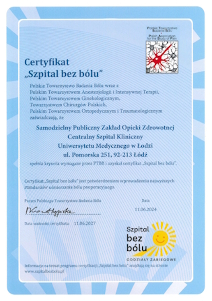 Certyfikat Szpital Bez Bólu - Pomorska