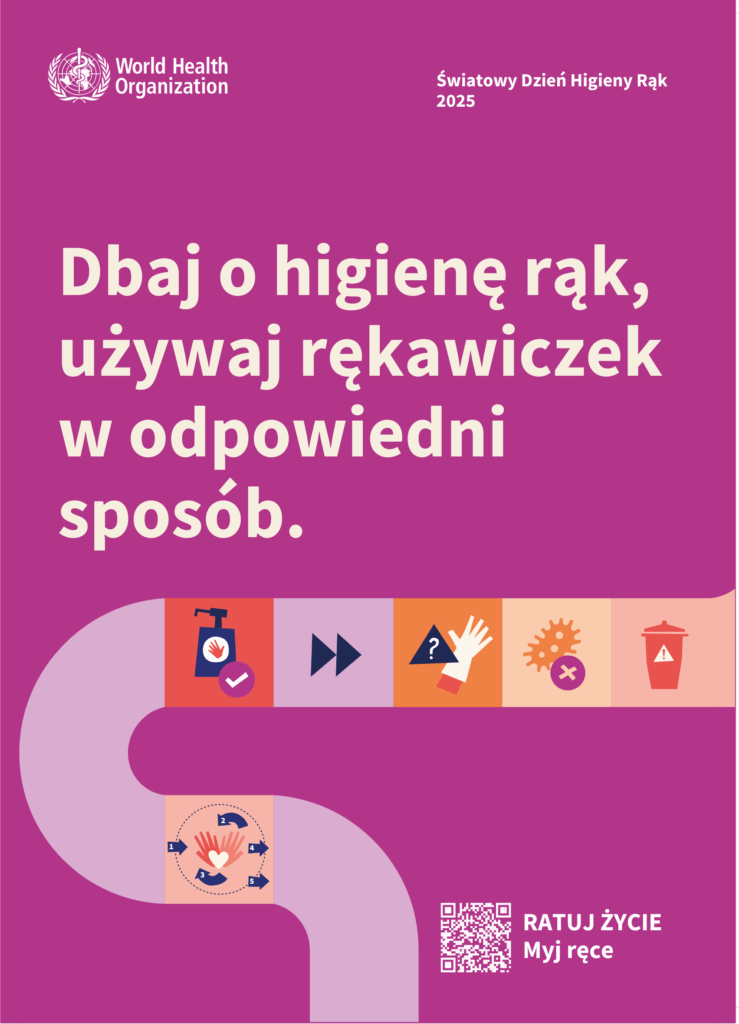 Plakat nawołujący do odpowiedniej higieny rąk.