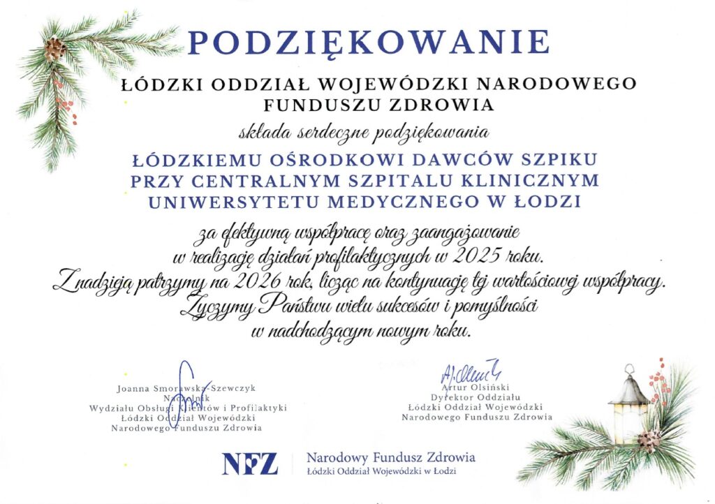 Łódzki Ośrodek Dawców Szpiku podziękowanie od Łódzkiego Oddziału Wojewódzkiego NFZ