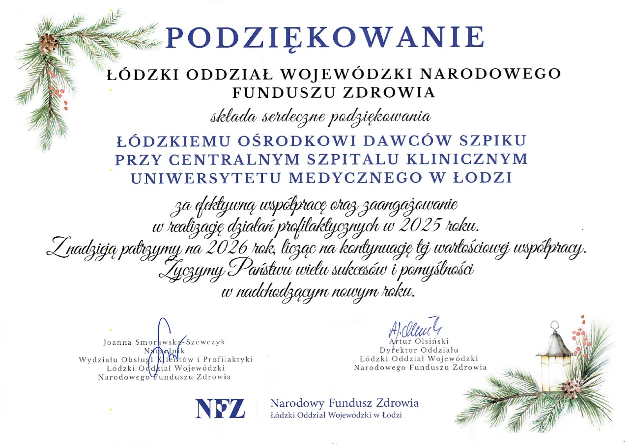 Łódzki Ośrodek Dawców Szpiku podziękowanie NFZ